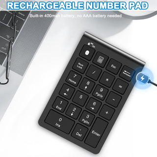 Bluetooth Number Pad Wireless & Wired 10 Key USB Keypad Two In One, Rechargeable Numpad for Laptops, Desktop, Computers Accessories Compatible with MacBook iPads ChromeBook EliteBook Notebook etc.