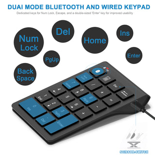 Bluetooth Number Pad Wireless & Wired 10 Key USB Keypad Two In One, Rechargeable Numpad for Laptops, Desktop, Computers Accessories Compatible with MacBook iPads ChromeBook EliteBook Notebook etc.